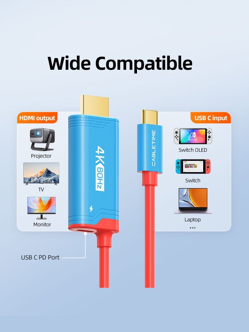 CABLETIME 4K60HZ USB C TO HDMI ADAPTER CABLE COMPATIBLE WITH NINTENDO SWITCH 2 MINI DOCK WITH PD100W | BLUE - Image 1